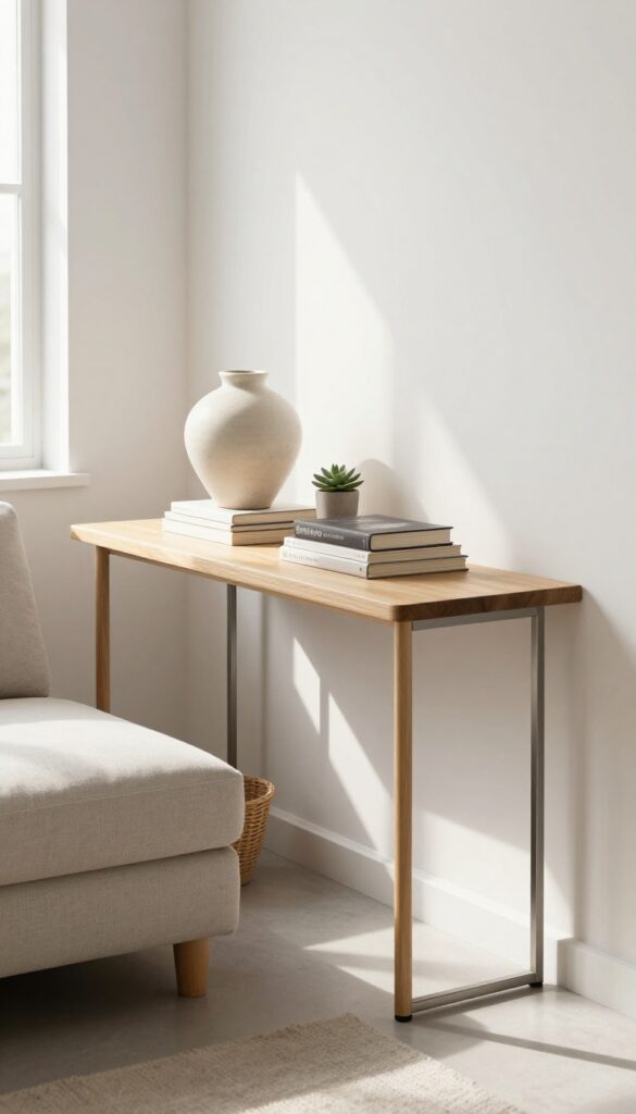 Slim console table behind sofa with lamp, books, plant, and basket in tiny living room