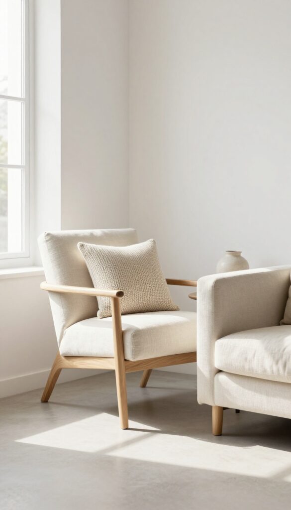 Sleek armless chair in tight living room corner with lumbar pillow and throw