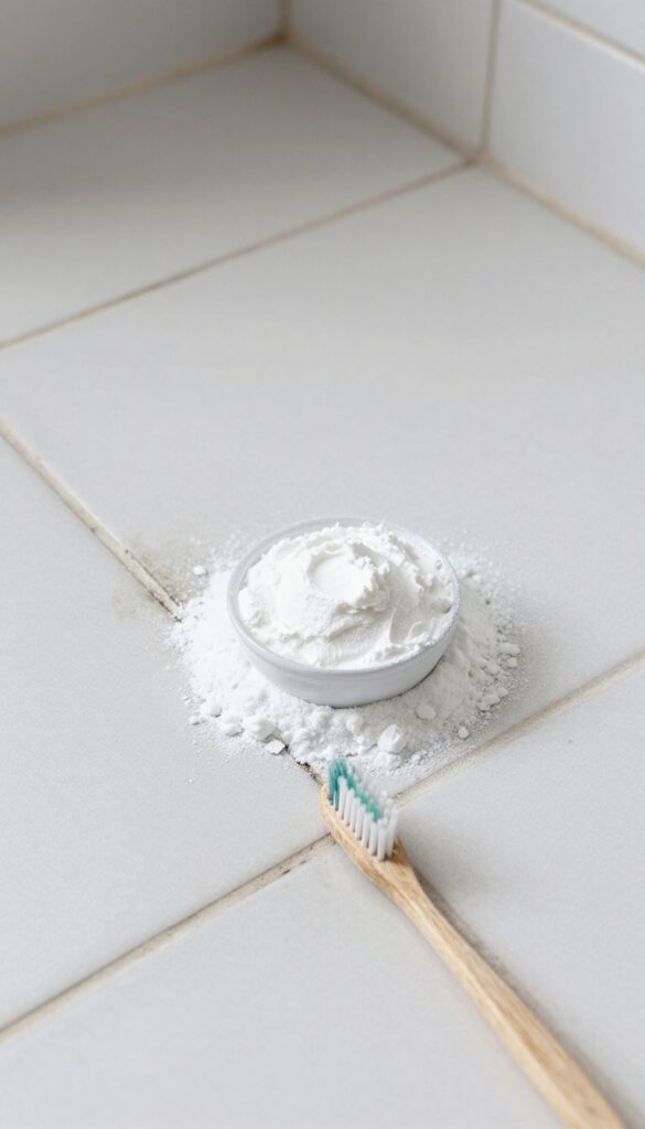 Baking soda paste on bathroom grout with toothbrush