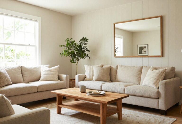 Cozy living room with vertical shiplap accent wall, beige sofa, and natural light