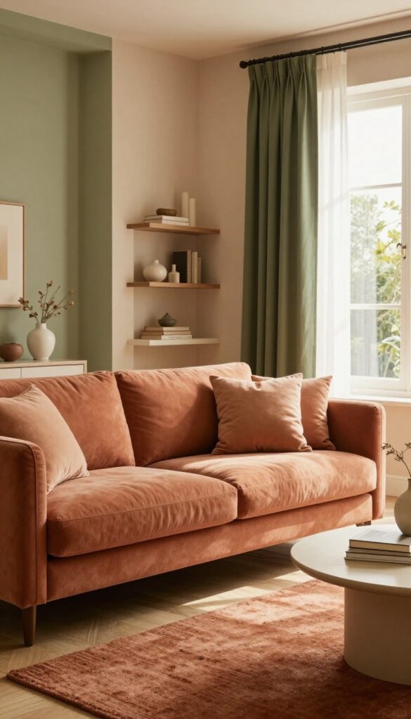 Cozy living room with warm terracotta, olive, and beige tones, natural light, and layered textures