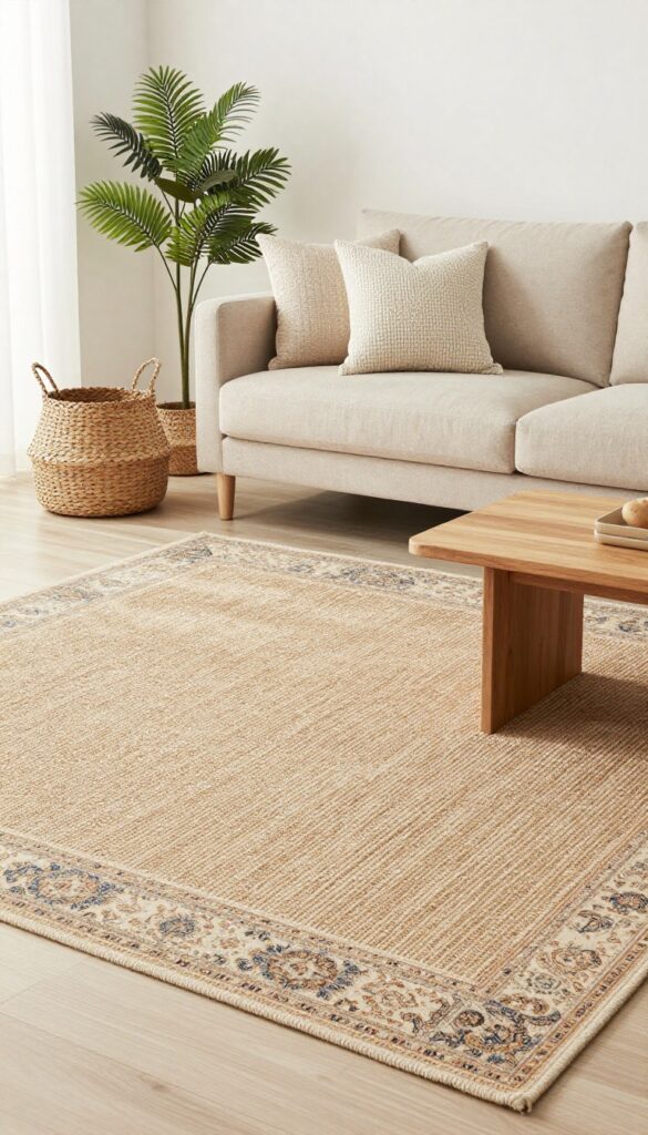 Layered rug combo in a bright living room with neutral jute base and vintage patterned top rug, sofa and coffee table anchored on the rugs.