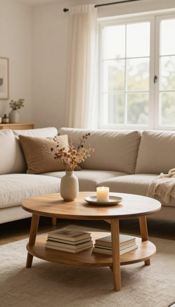 A cozy small living room with a round oak coffee table styled with books, a tray, and dried flowers, in front of a beige sofa.