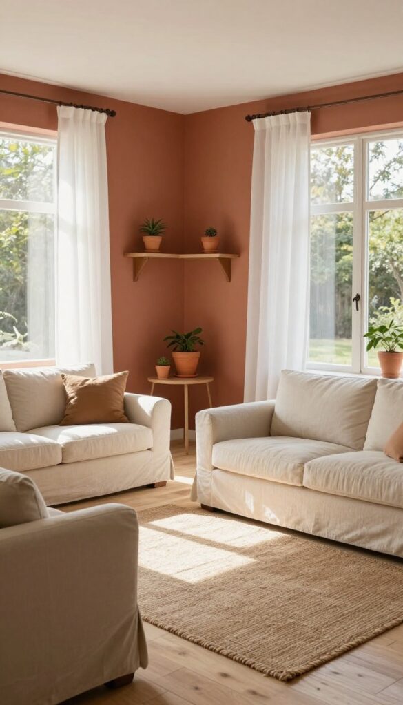 Light terracotta accent wall in a bright living room with cream furniture and natural textures