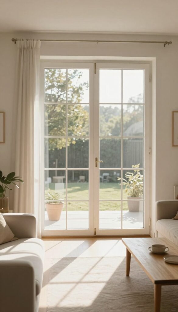 Large mirror reflecting window in small living room to make space feel brighter and larger