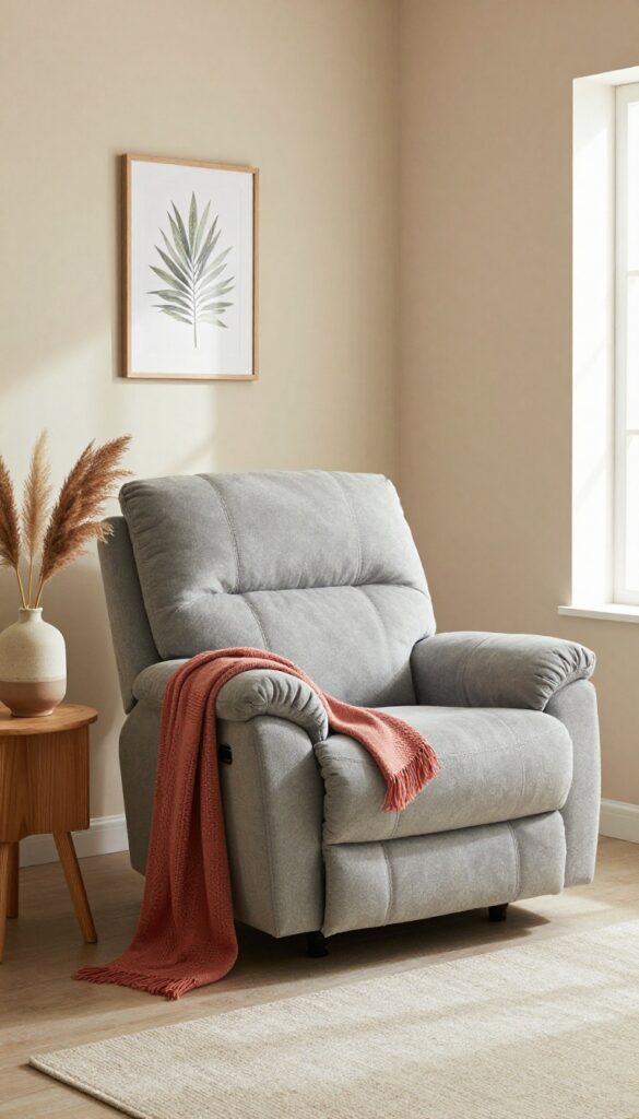 Cozy small living room with neutral recliner and cohesive dusty blue and terra-cotta accents