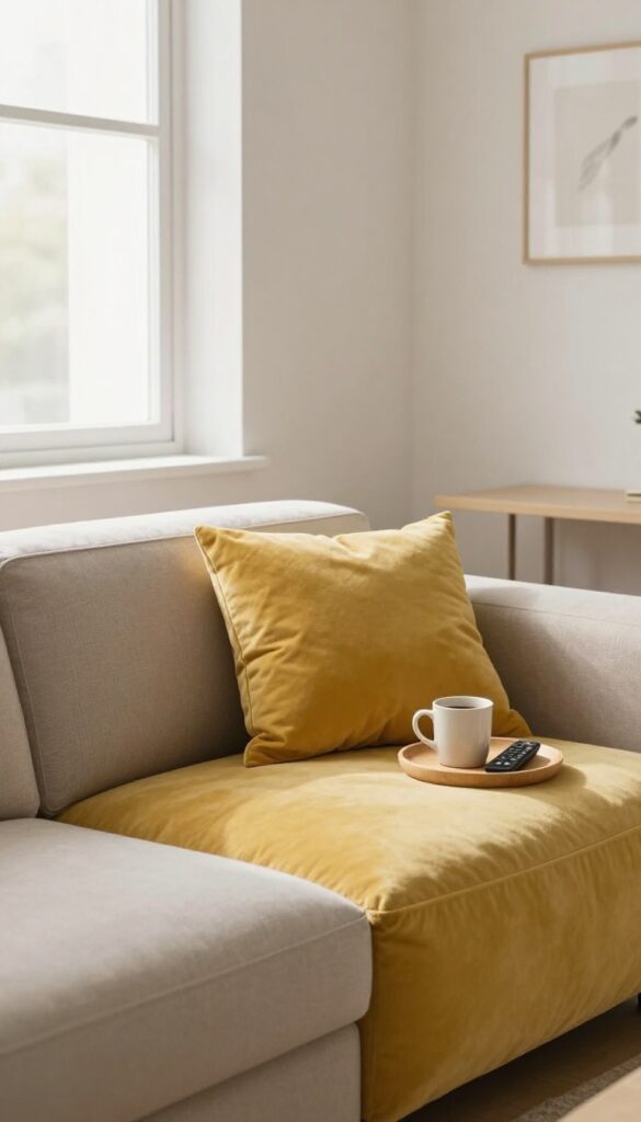 Small mustard yellow velvet pouf in a bright living room, used as a side table with a tray, tucked under a console table, natural light.