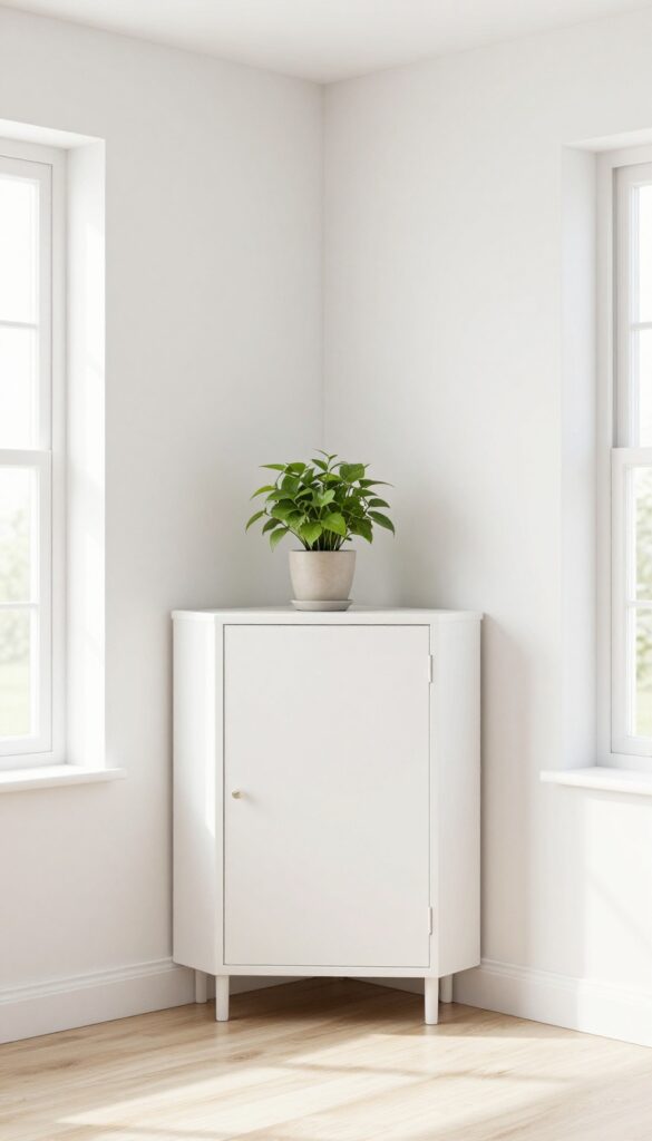 Corner cabinet painted to match wall color, hiding TV and electronics, with a plant on top, in a bright living room.
