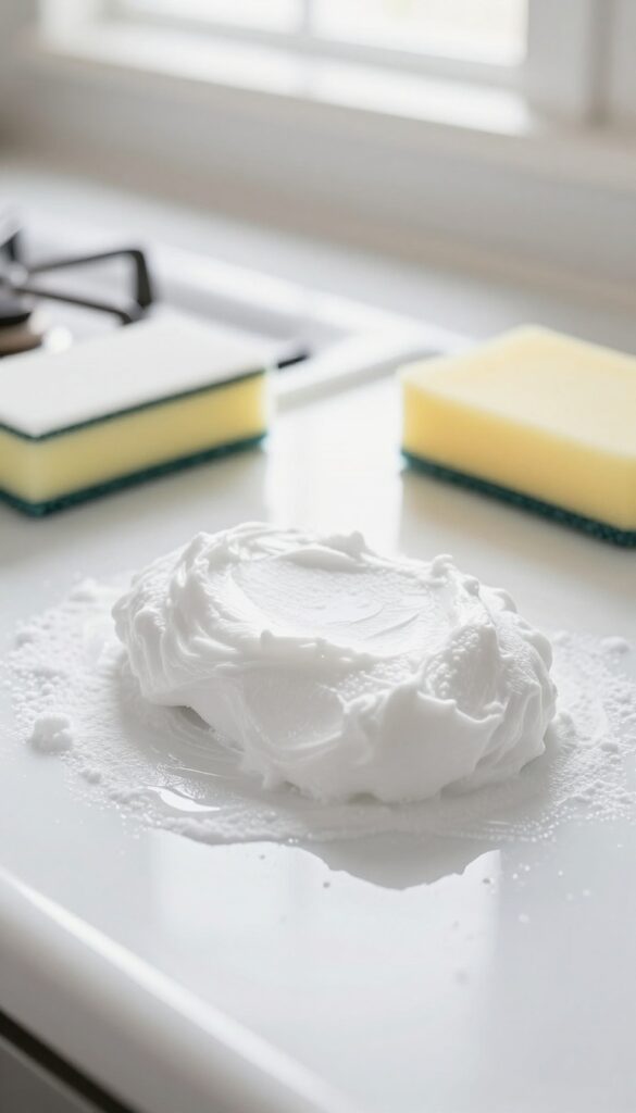 Applying baking soda paste to a greasy stovetop for cleaning