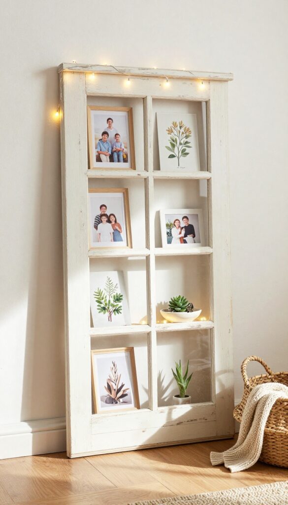 Vintage window frame gallery wall in living room corner with photos and storage on sill