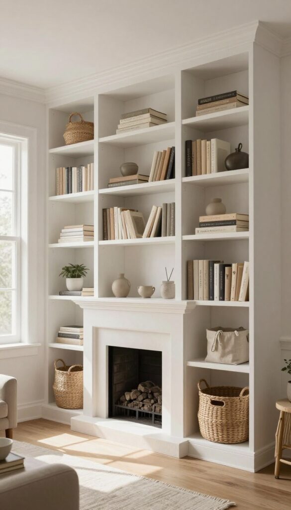 Built-in bookshelves flanking a fireplace with baskets and books