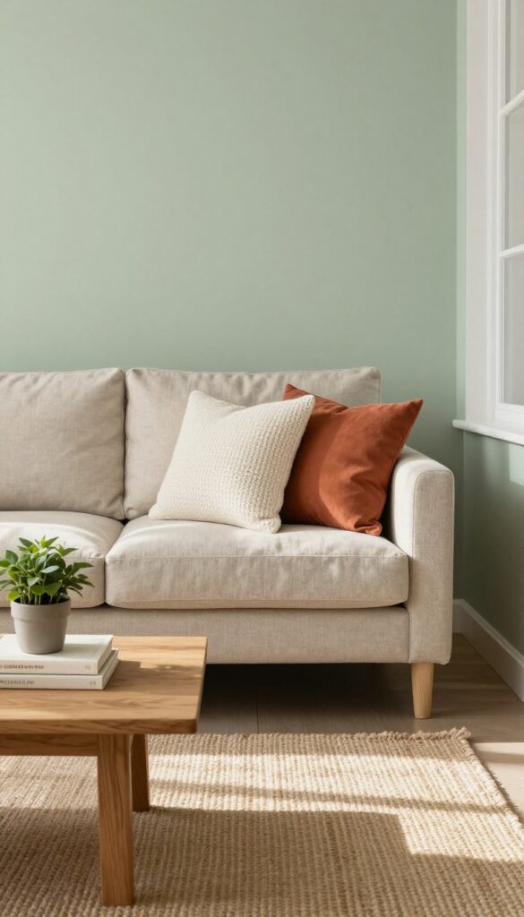 Sage green accent wall behind a neutral sofa in a bright living room with warm wood tones and natural textures.
