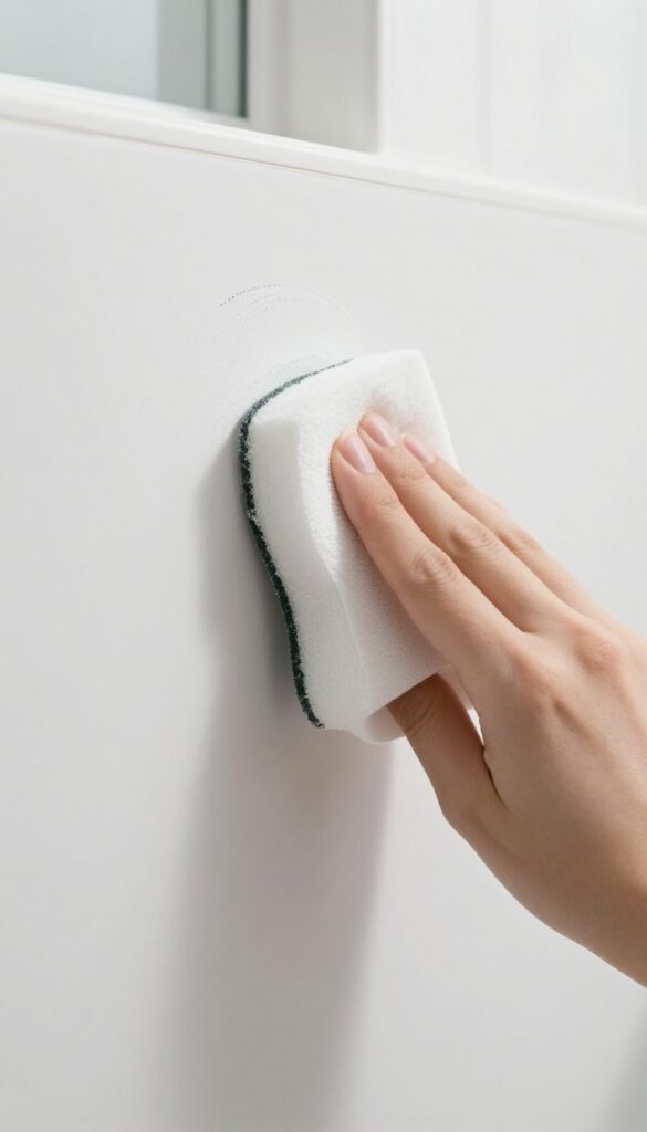 Close-up of a hand using a damp melamine sponge to erase a scuff mark on a white bathroom wall