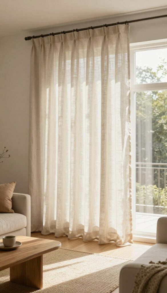 Living room with floor-to-ceiling oatmeal linen curtains on clip rings, soft natural light, cozy sofa and wooden coffee table.