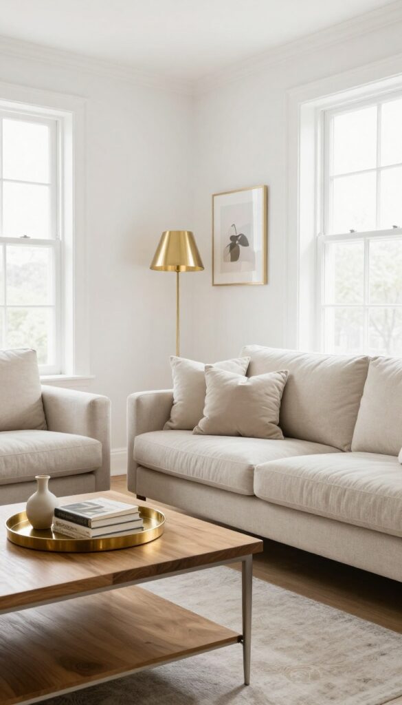 Light living room with subtle metallic accents like brushed brass lamp and tray, champagne gold frame, and matte silver table legs, creating a cozy elevated look