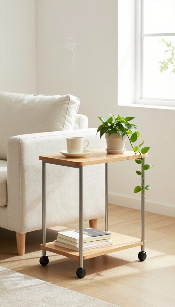 Rolling cart used as side table in small living room