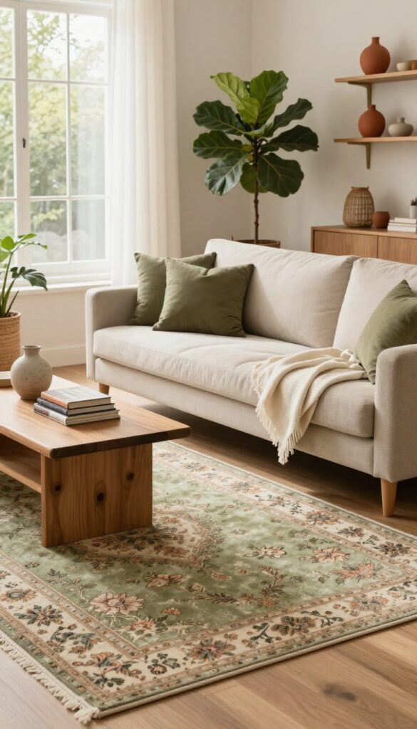 Green patterned rug in a bright living room with olive sofa, sage pillows, and fiddle leaf fig.