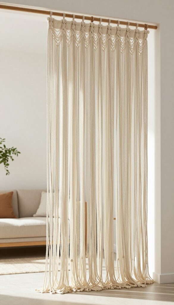 A hanging macrame curtain dividing a living room entryway, with natural light and minimal decor