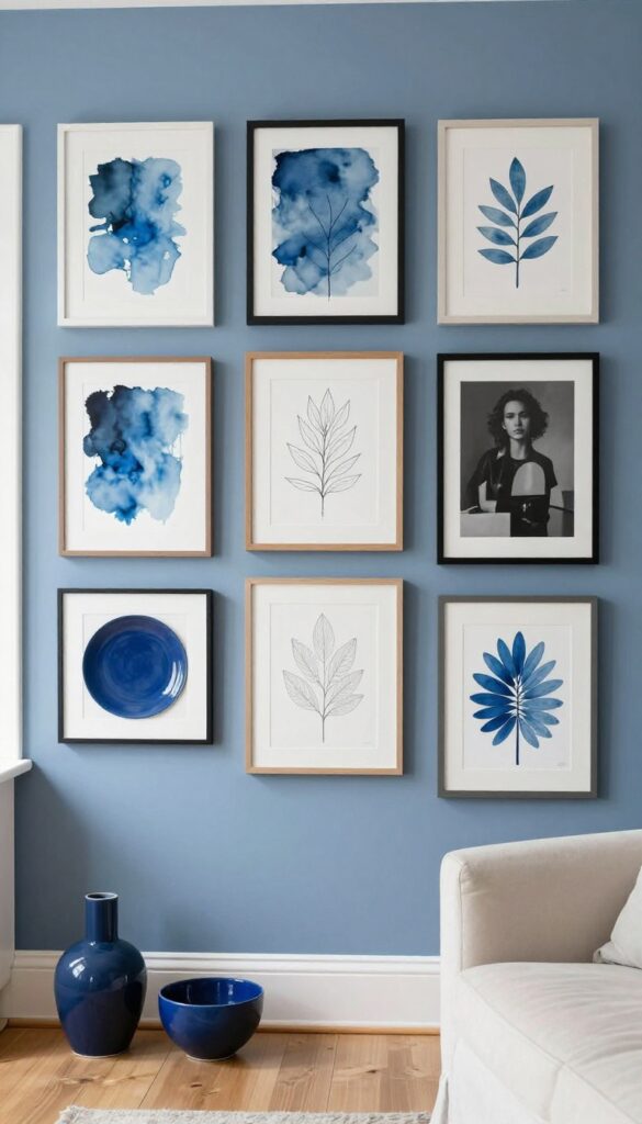 Blue gallery wall with art and objects in a cozy living room