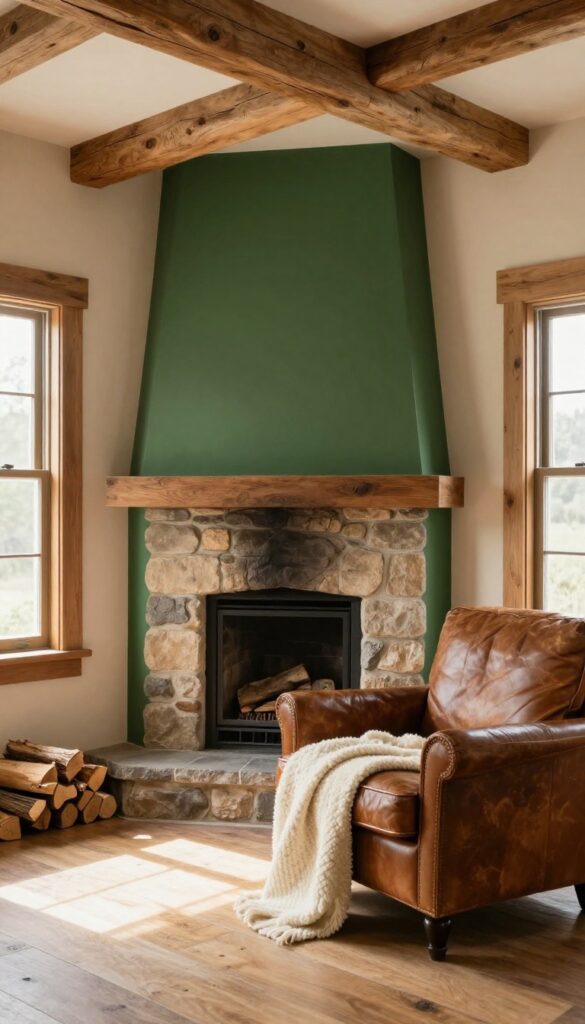 Cozy rustic living room with earthy taupe and forest green walls, wood beams, stone fireplace, leather armchair, and natural light.