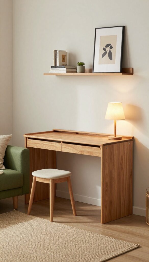 Green sofa living room with wall-mounted fold-down desk, shelf, lamp, and stool in bright natural light