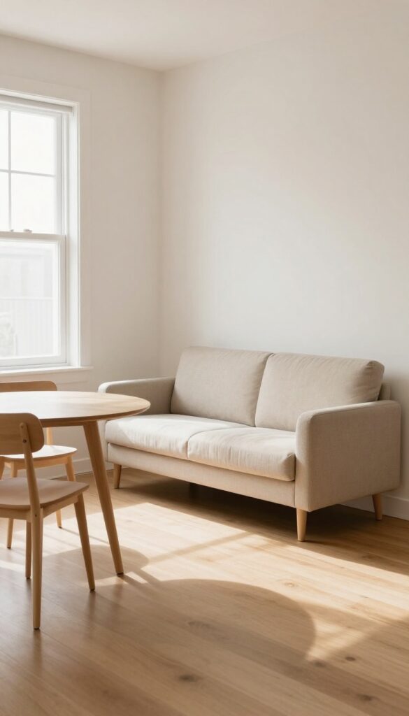 Compact loveseat with exposed legs in a small living-dining room, creating an open and airy feel.