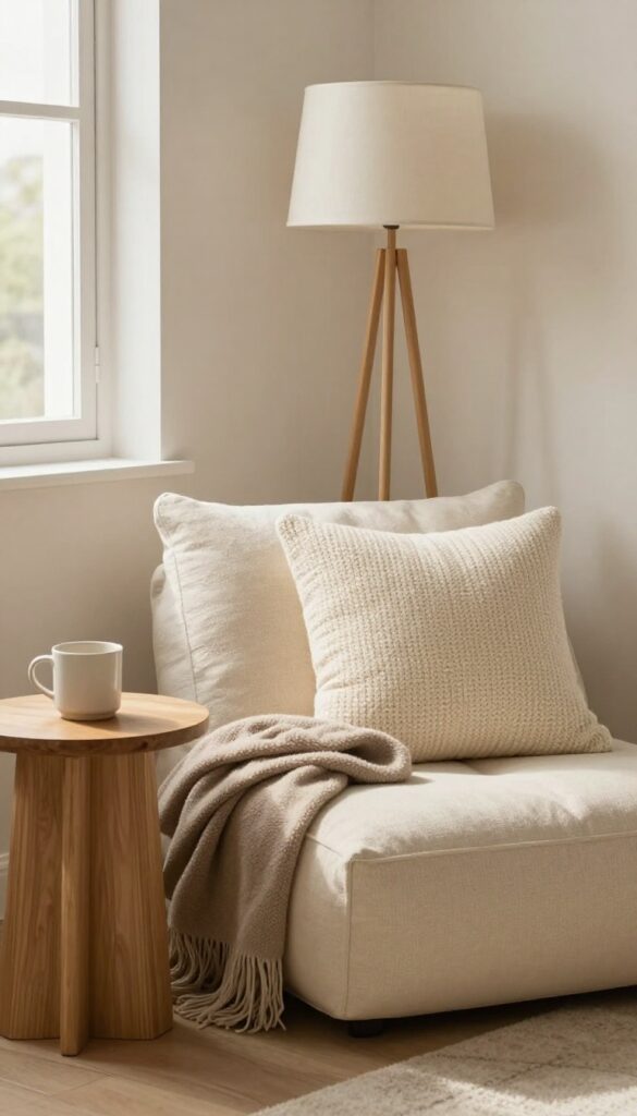 Cozy corner with SKÅLBERG pouf and floor cushion in warm neutral tones