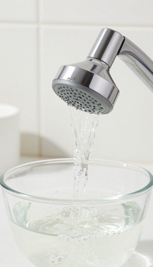 Handheld shower head soaking in a bowl of white vinegar to remove hard water deposits