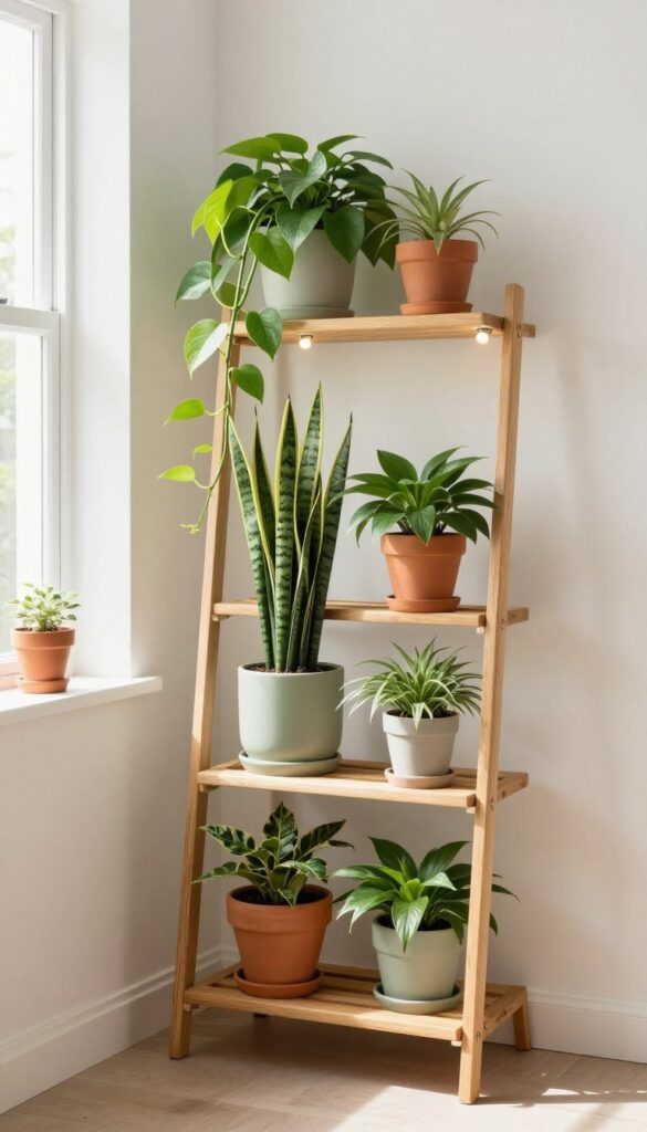 A cozy living room alcove filled with layered plants on a tiered stand, creating a mini indoor garden with natural light and a grow light.
