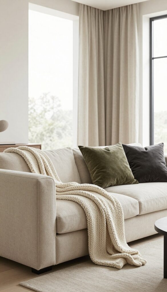 Modern living room with layered textiles including linen sofa, chunky knit throw, and velvet cushions in muted earth tones, natural light, clean composition.