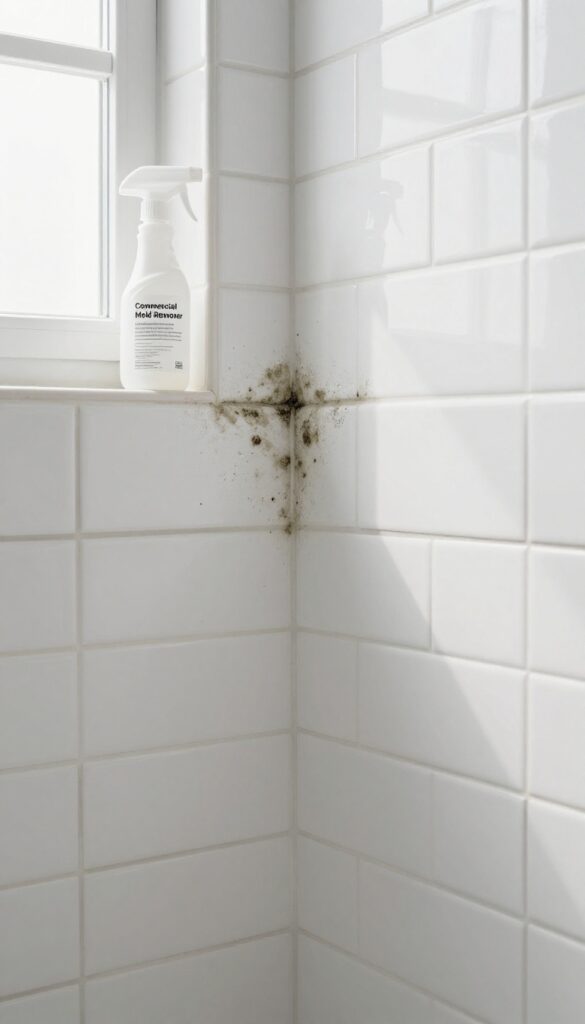 A spray bottle of commercial mold remover next to moldy grout in a shower