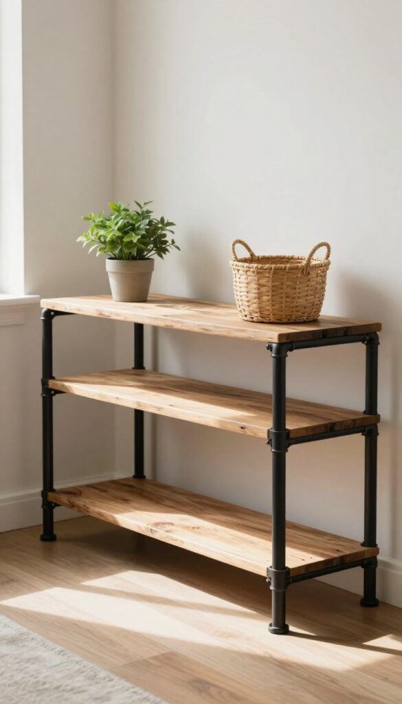 DIY TV stand made from metal pipes and wood in a bright living room corner