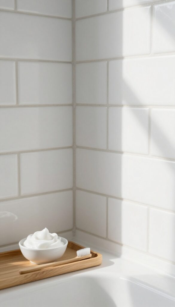 Cleaning grout with hydrogen peroxide and baking soda paste on shower tiles