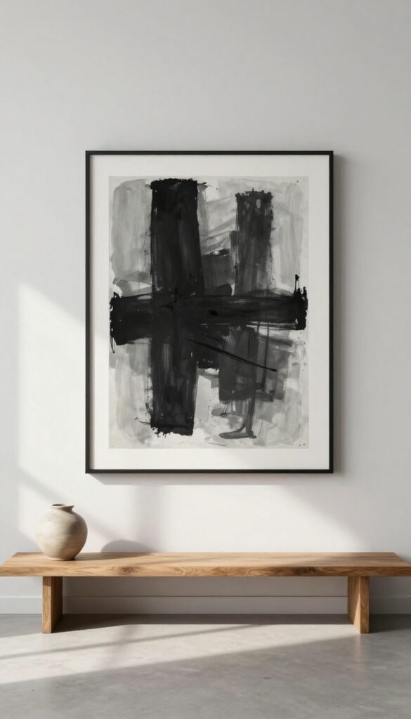 Single large framed black-and-white abstract print on a living room wall, minimalist decor, bright natural light, clean composition