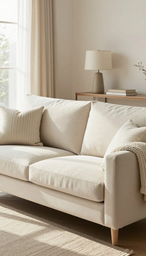 Light and airy living room with a pale neutral tuxedo sofa, jute rug, linen curtains, and natural light.