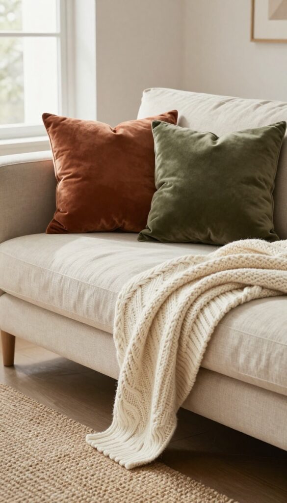 Cozy KIVIK sofa with layered chunky knit throw, velvet pillows in rust and olive, and linen throw on jute rug, warm neutral palette
