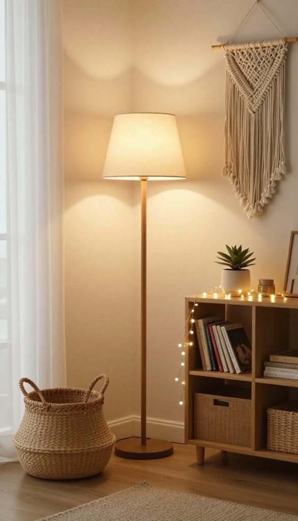 Cozy boho living room with warm ambient lighting from floor lamp and fairy lights, soft glow, earthy tones.
