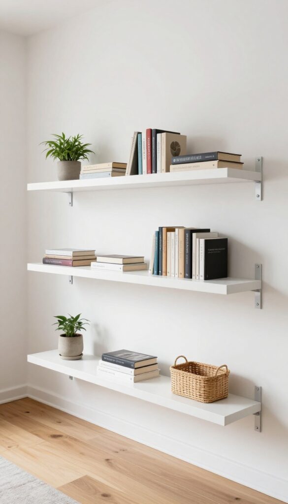 Tall white floating shelves and a slim bookcase on a narrow living room wall, styled with books, a plant, and a basket, bright natural light, modern and airy.
