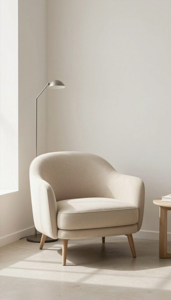 Sculptural accent chair with slim profile in a bright modern living room corner