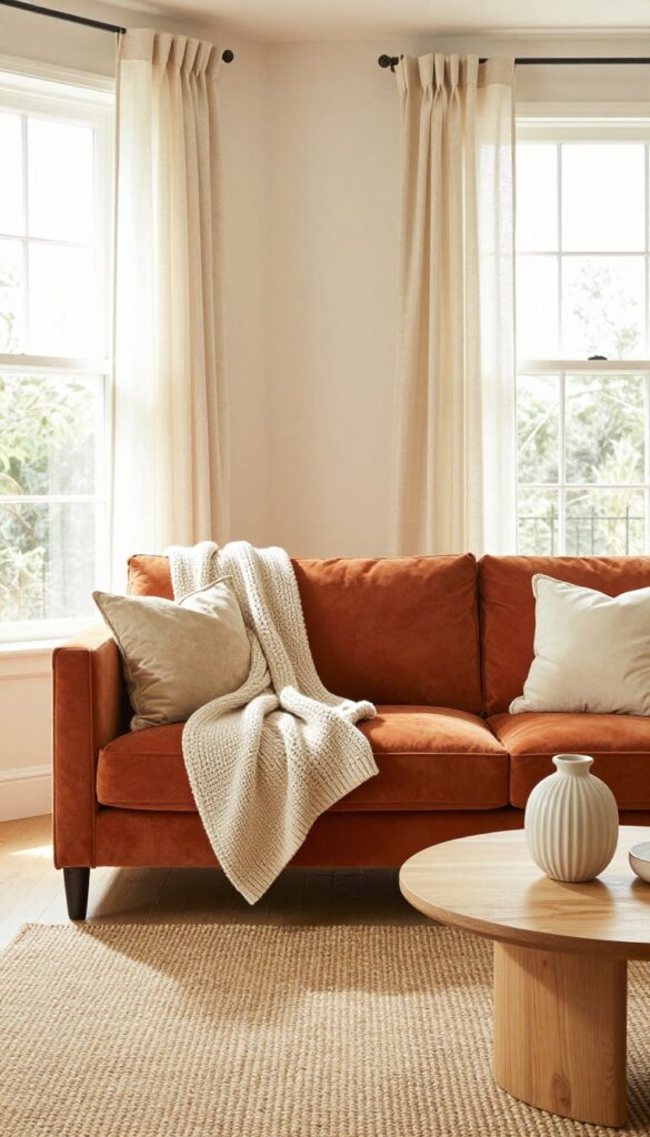 Bright living room with burnt orange sofa, cream walls, linen curtains, jute rug, and neutral decor in natural light