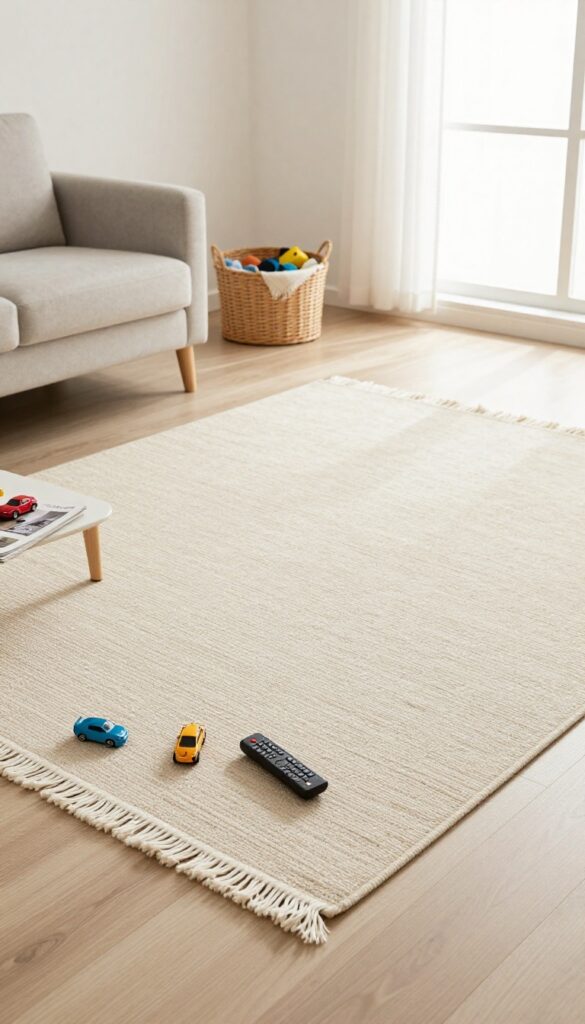 A living room rug with long fringe corralling small toys and items at the edge, with a basket nearby.