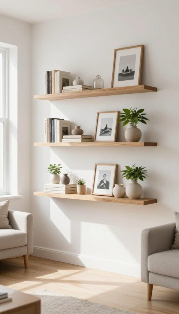 Floating shelves staggered at different heights on a living room accent wall, decorated with books, plants, and ceramics in a small space.