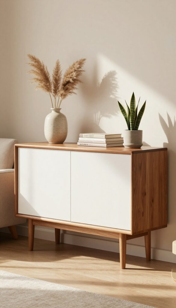IKEA Besta cabinet on tapered wooden legs in a bright mid-century modern living room