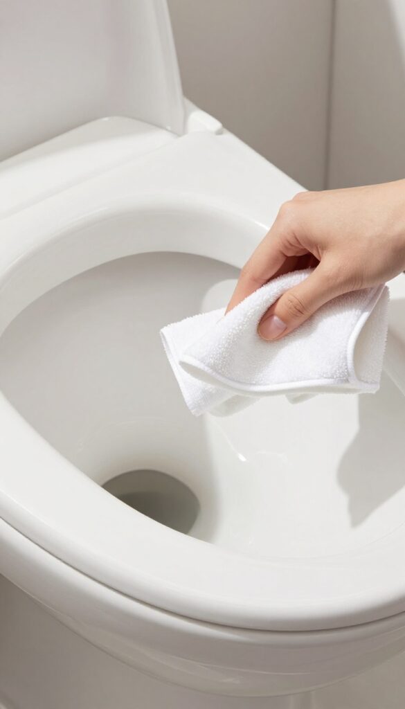 Hand buffing a clean toilet with a microfiber cloth for a streak-free shine
