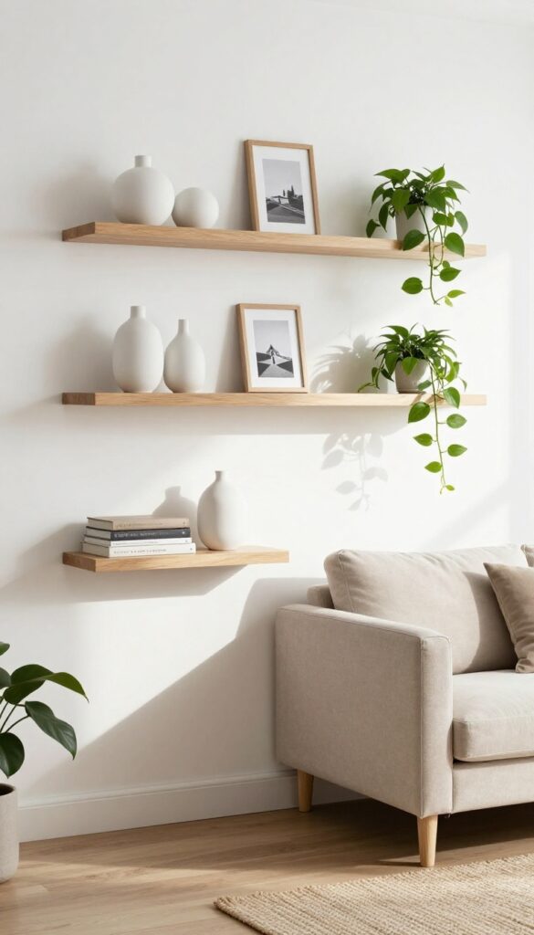 Floating shelves in a living room displaying books, plants, and ceramics with natural light.