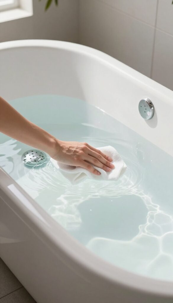 A person wiping a clean jetted bathtub with a microfiber cloth near the jets, bright natural light, minimalist bathroom.