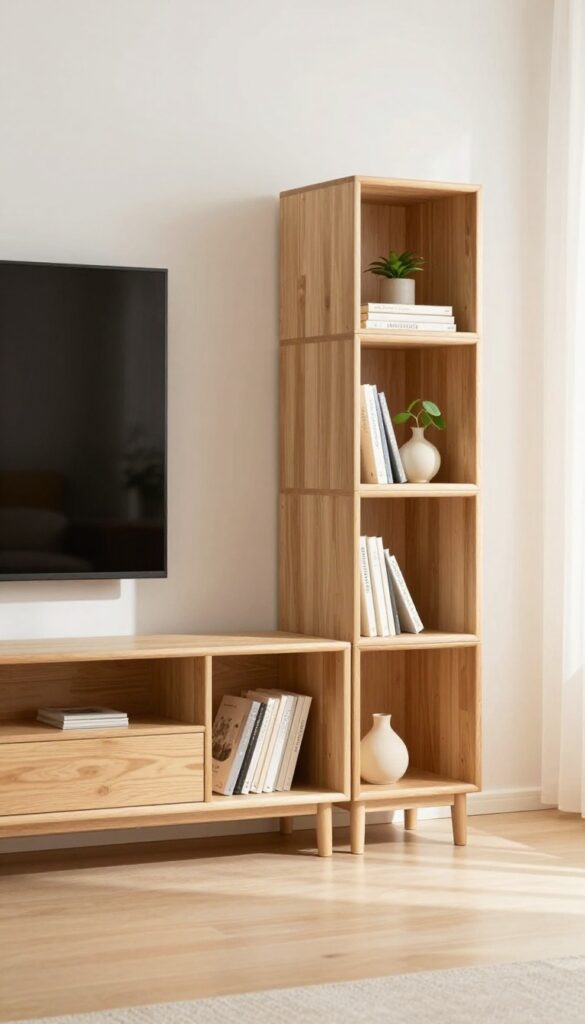 Small living room with a modular cube TV console system in light wood, TV mounted above, open and closed cubes, plants and books, natural light, airy feel.