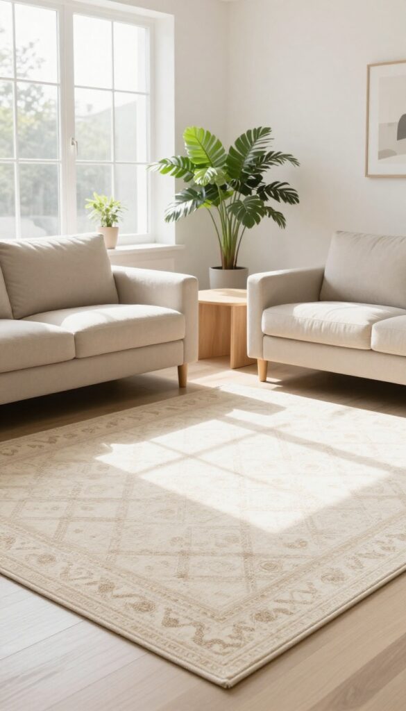Small living room with large light neutral rug defining seating area, sofa and chairs on rug, natural light, airy feel