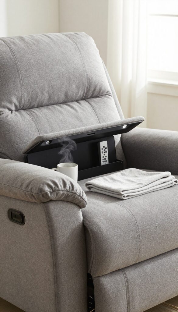 Lift-top recliner with hidden storage in a small living room, armrest flipped up showing remote and blanket inside.