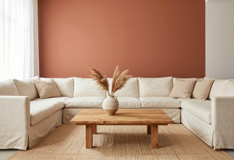 Modern earthy boho living room with terracotta accent wall, cream sofa, and natural textures